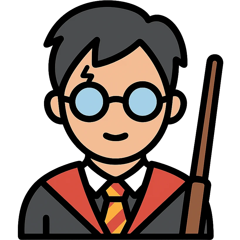 Harry Potter with glasses, lightning scar, and wand in color outline icon style emoji
