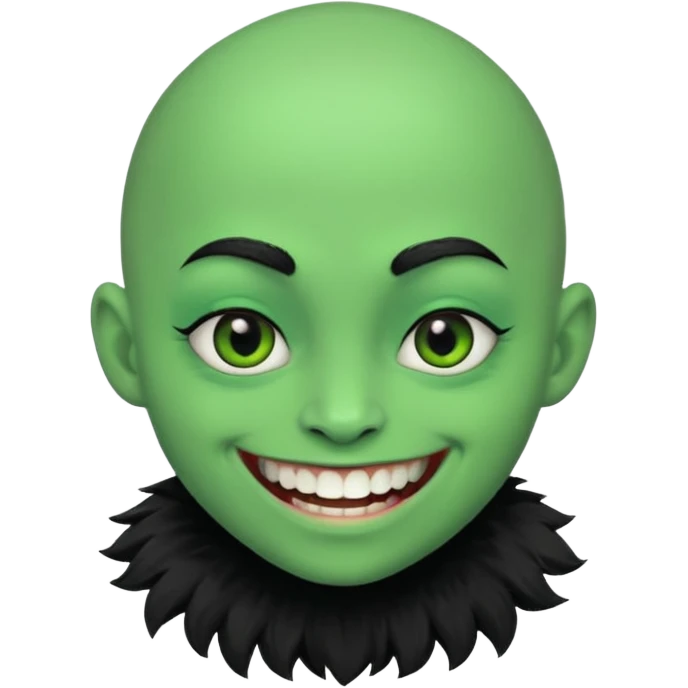 A bald person with bright green sclera and bright green teeth, grinning widely. Has fluffy black neck fur, with a fluffy black body emoji