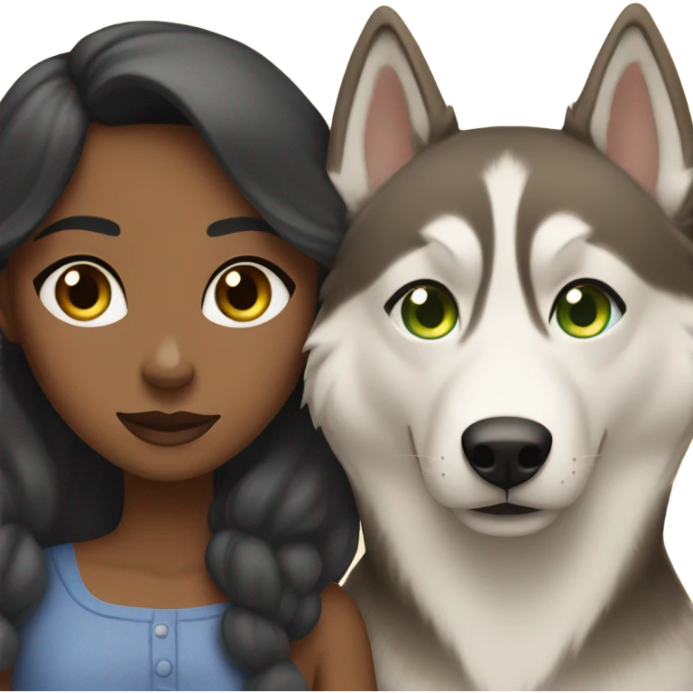 Brown girl with blue eyes next to a female Husky beige golden with green eyes emoji