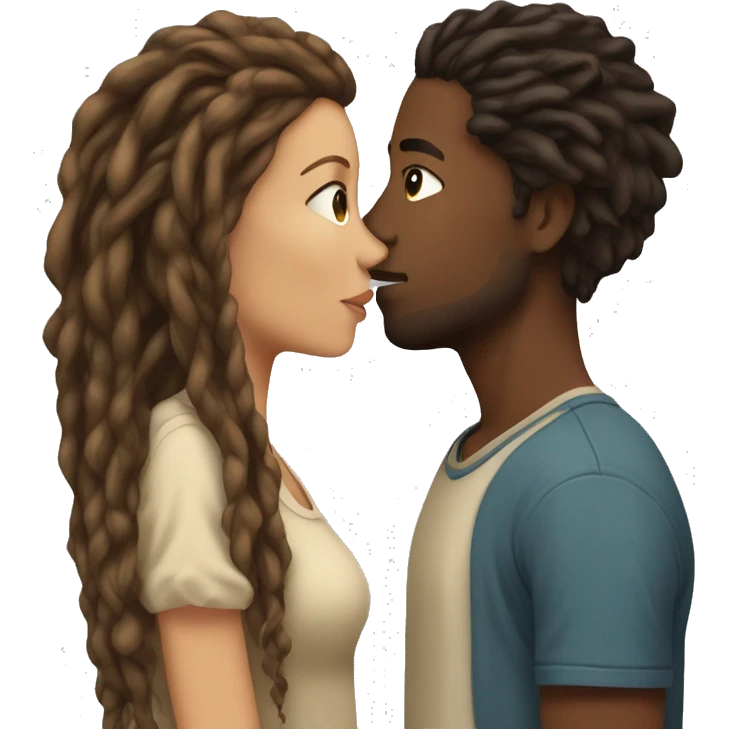 Brown skinned young man with dreadlocks and young woman with beige skin and dark blonde hair kissing emoji