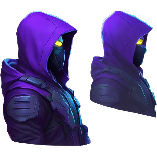 Side view developer behind his laptop with this style : crysis Cyberpunk Valorant neon glowing bright purple character purple violet black hooded assassin themed character emoji