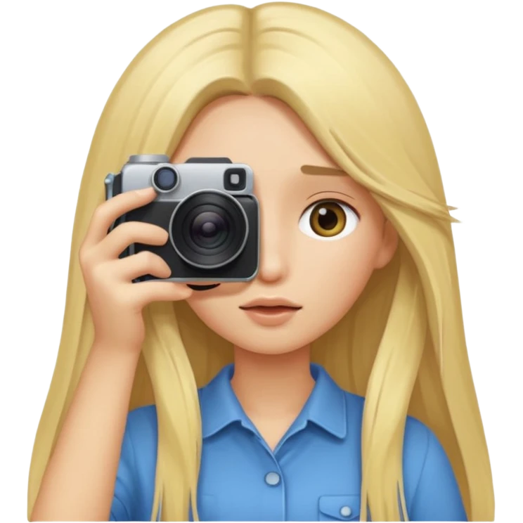 blonde cartoon girl taking picture camera in front of her face long hair over both eyes emoji