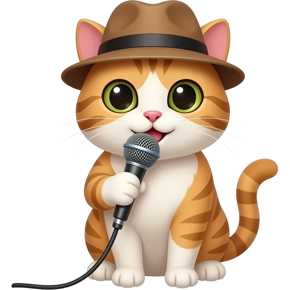 cat with hat and hold singing mic close to mouth front view emoji