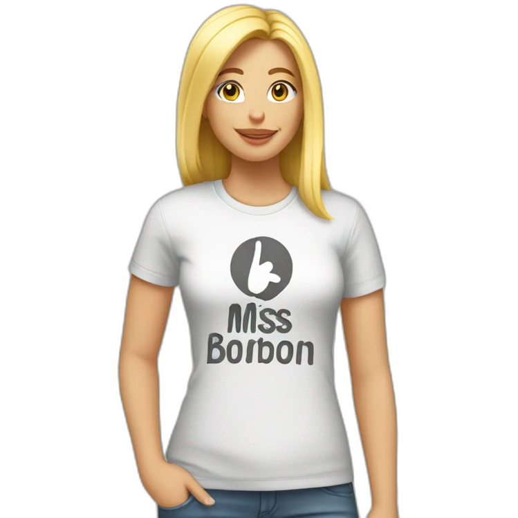 A blonde making the peace sign and wearing a t-shirt with the text "Miss Bourbon" emoji
