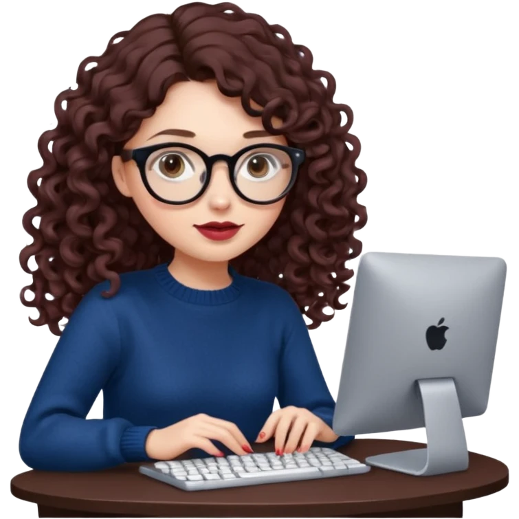a white young woman with very long wavy dark brown/chocolate hair with curls at the end of her long hair typing in a computer. she's using round glasses, her lips are light red and her cheeks slightly pink. Her eyes are dark brown. She's using a dark blue knit sweater  emoji