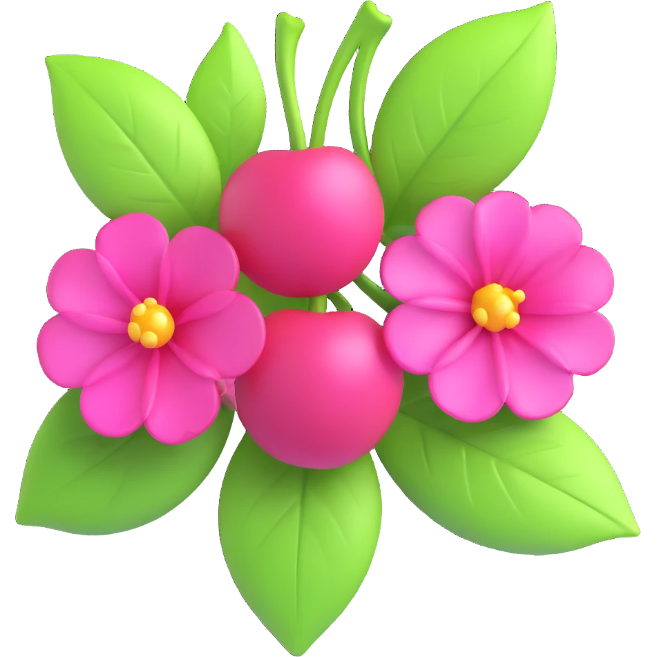 3D iOS-style illustration of two bright pink cherries with green leaves and pink flowers, metallic effect, no background. emoji