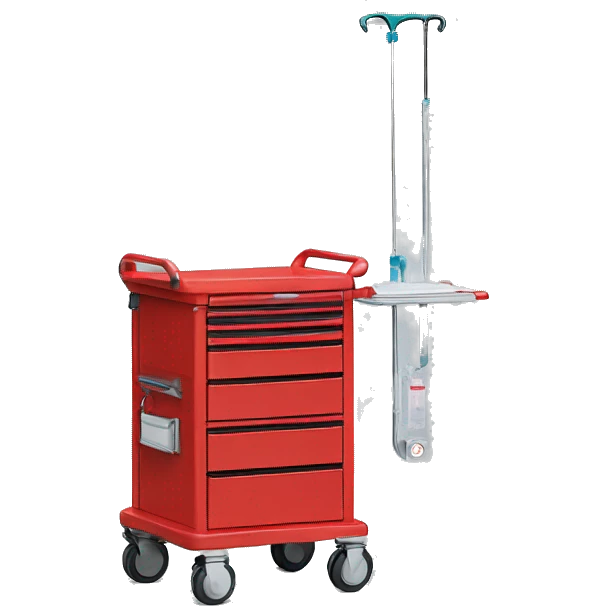 Singular Red medical crash cart is a mobile, multi-drawer unit designed to store and organize emergency medical supplies and equipment emoji