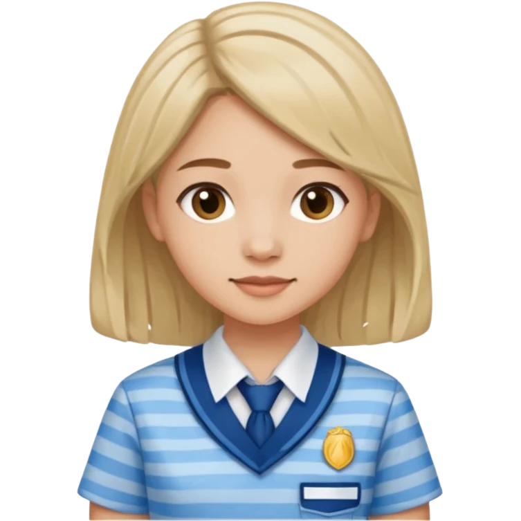 seorang perempuan berambut panjang namun tdk panjang sekali, memakai baju batik sekolah biru muda bermotif garis garis biru muda emoji