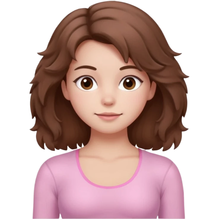 brown hair girl wearing light pink pilates clothes, fluffy medium hair and brown eyes emoji
