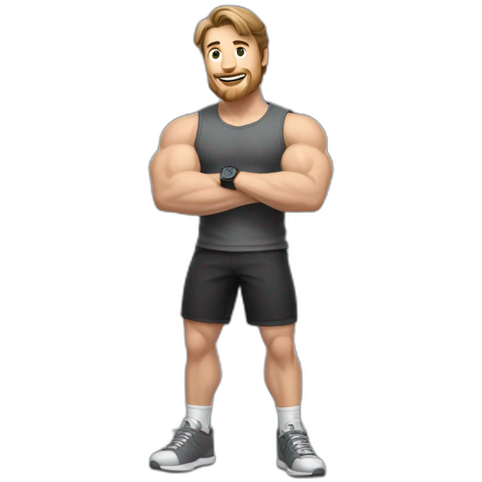 Full height realistic Actively gesturing with hands Pale skinned Fit Man With the biceps and brown hair in dark gray Sleeveless Mike, black oversize sports shorts, watch and white Sneakers emoji