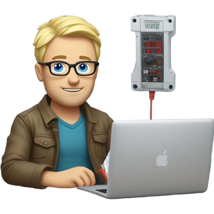 man looks 35 classes, european, tech nerd love pcb designing, blond short hair, blue eyes with specs behind macbook on the office desk with pcb and multimeter emoji