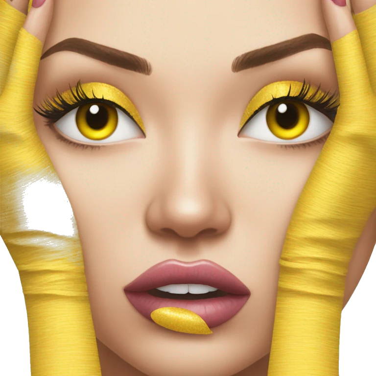 sassy yellow circle emoji, long manicured fingernails folded over a long sleeve shirt, fake eyelashes, full lips emoji