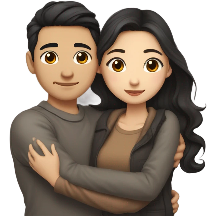A half pale Asian man with short dark hair and amber eyes embracing and loving a half Asian woman with long wavy dark hair and dark hazel eyes. They love each other a lot And have good fashion taste and are hugging each other tight  emoji