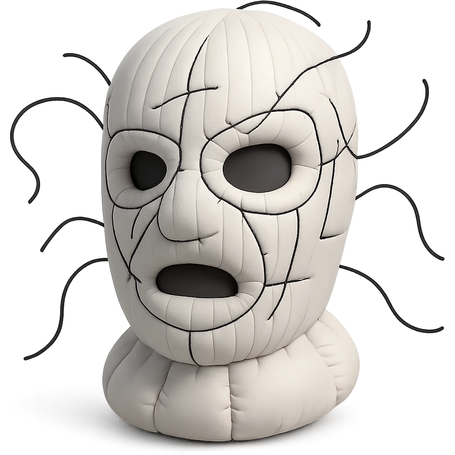 The mask is a full-head, white knitted balaclava with a tight ribbed texture. It features two asymmetrical eye openings and a partially exposed mouth area. Black thread is stitched across the surface in chaotic, abstract lines that trace facial features, giving a hand-drawn effect. Several black cords extend outward from the mask, varying in length and direction, adding a sculptural, almost organic appearance. The overall look is bold, handcrafted, and visually striking. emoji