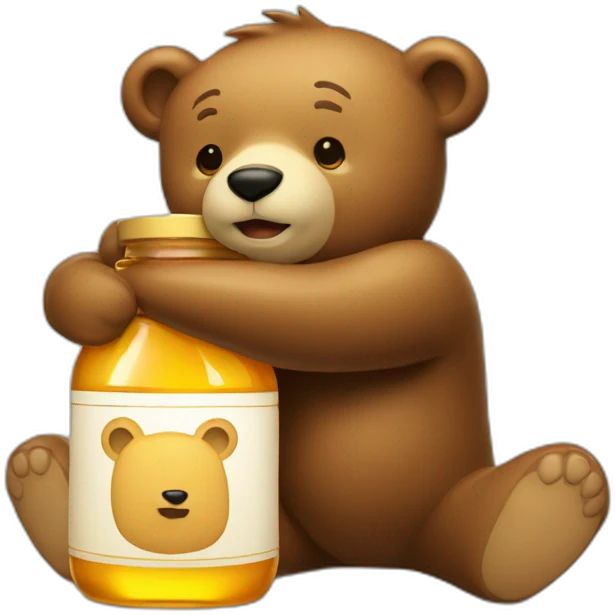 A bear hugs an honey bottle with love emoji