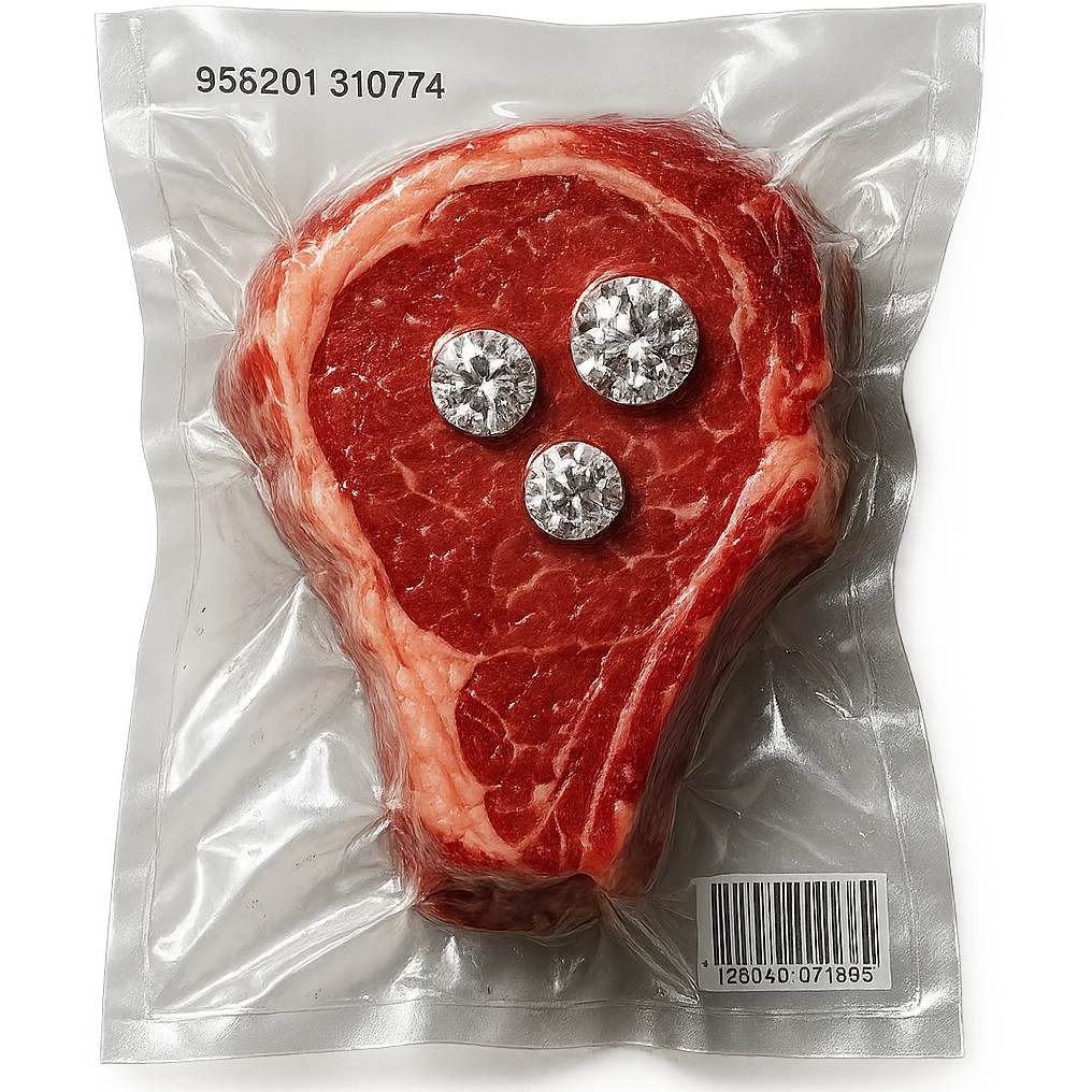 juicy steak with diamonds on top, shiny and inflated, vacuum-sealed style emoji