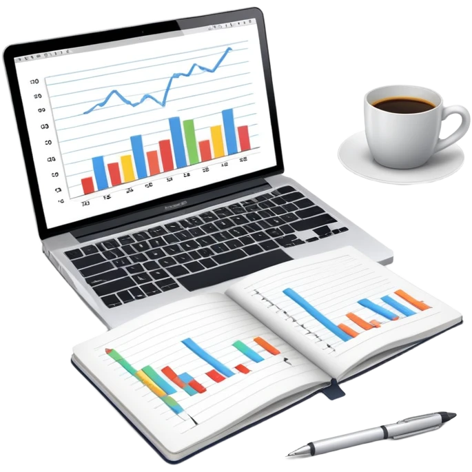 top view of a MacBook and a notebook with a pen nearby, notebook pages filled with handwritten bar charts emoji