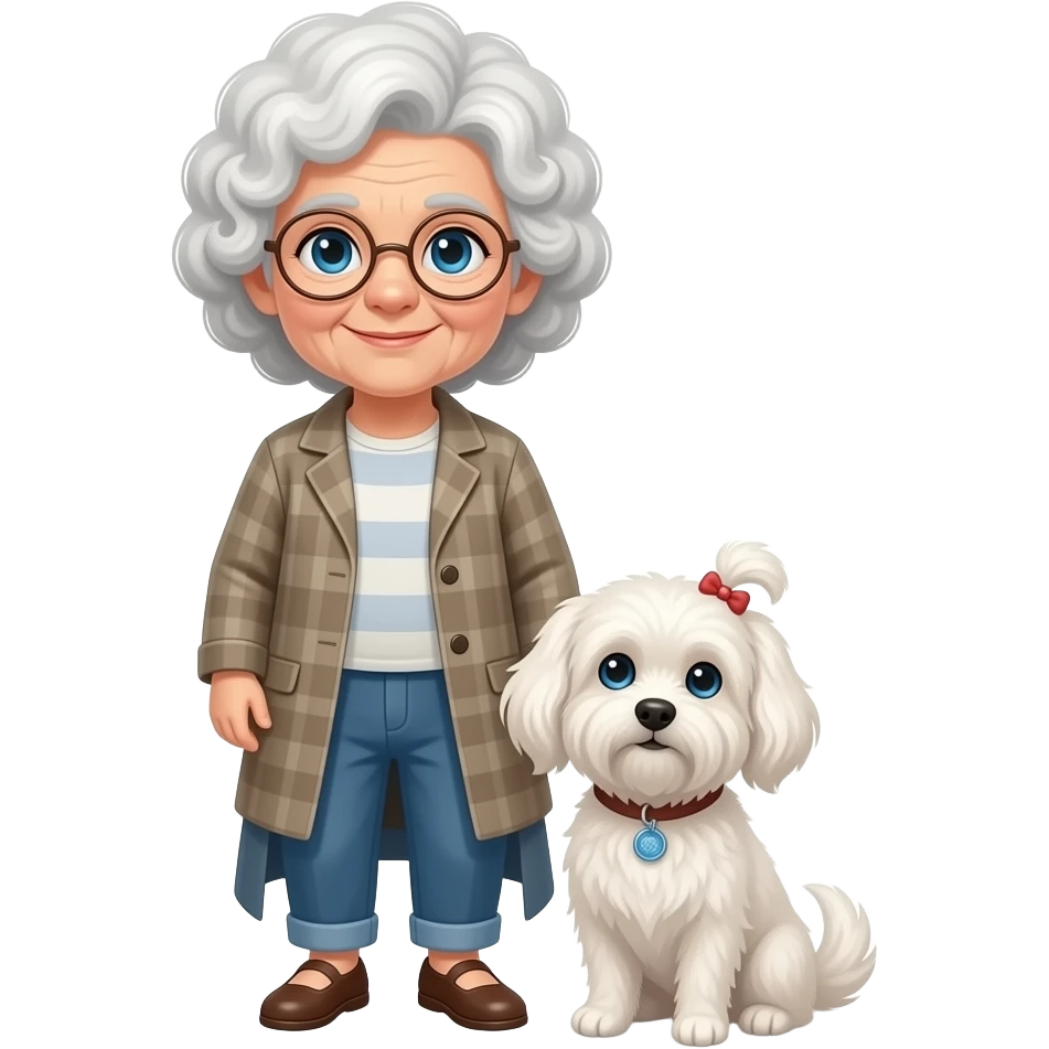 Elderly woman blue eyes very curly hair with maltese dog emoji