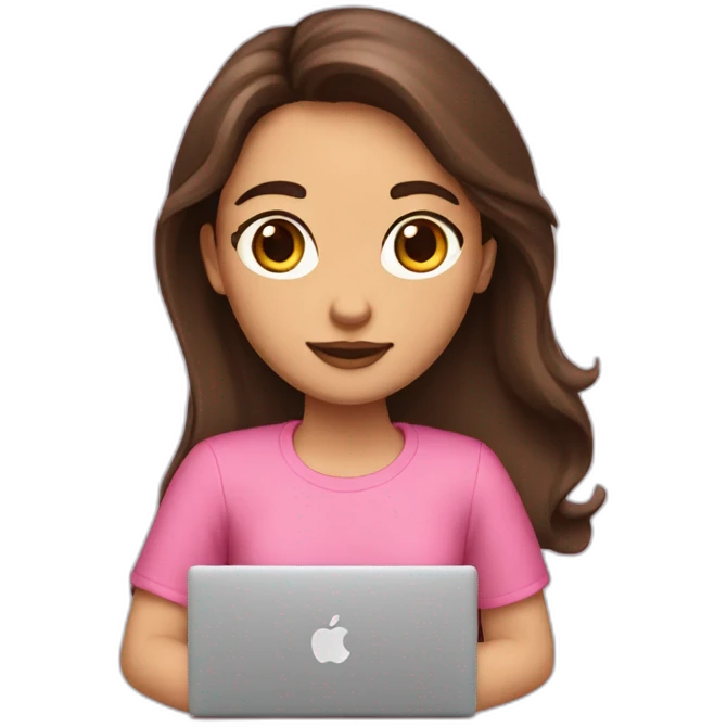 brunet smm girl with long hear and brown eyes with pink mac book emoji
