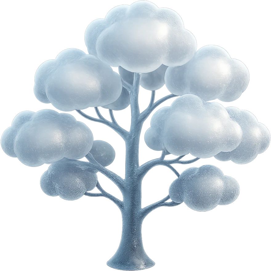 one tree with many branches and a white trunk, crown made of small very bright white fluffy convex clouds, matte glass style emoji