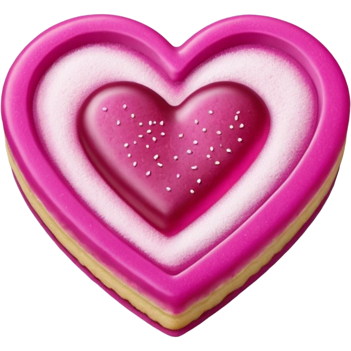 Realistic shortbread cookie in the shape of a heart with Fuchsia color jelly middle filling and sprinkled powder sugar on top. emoji