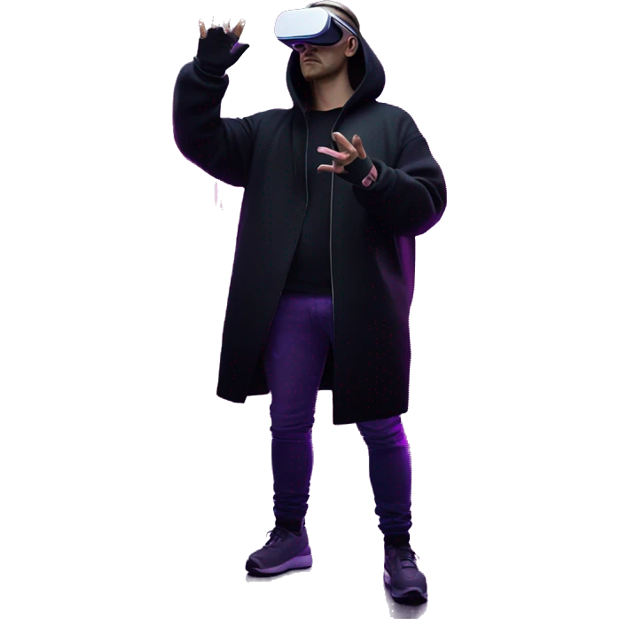 Russian man wearing a black hoodie with "OMG" letters on it and VR headset oculus quest 2 in a cyberpunk VR environment with violet neon lighting. Showing direction with hand emoji