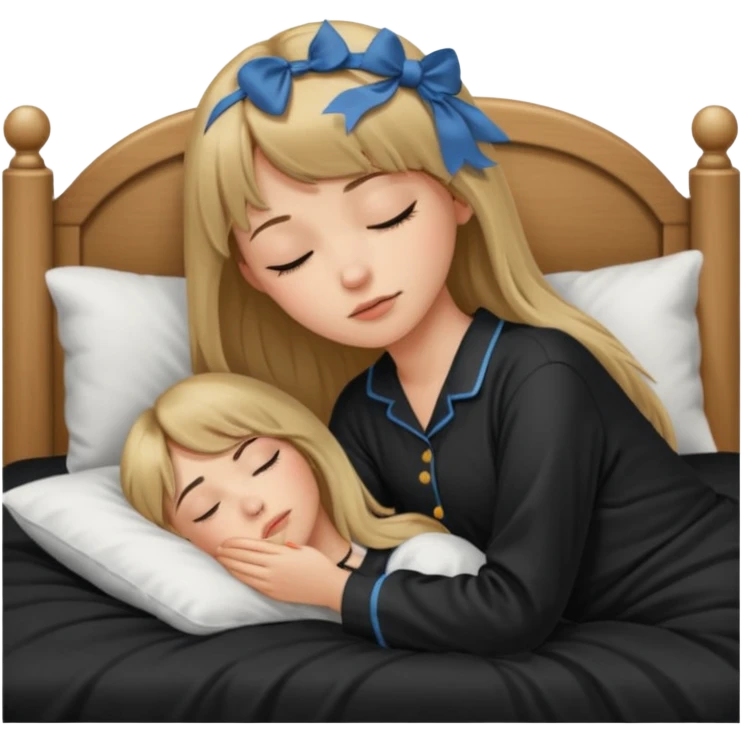 Young woman with long dark blond hair all around her, and a bang, sleeping in bed  with black pyjama  emoji