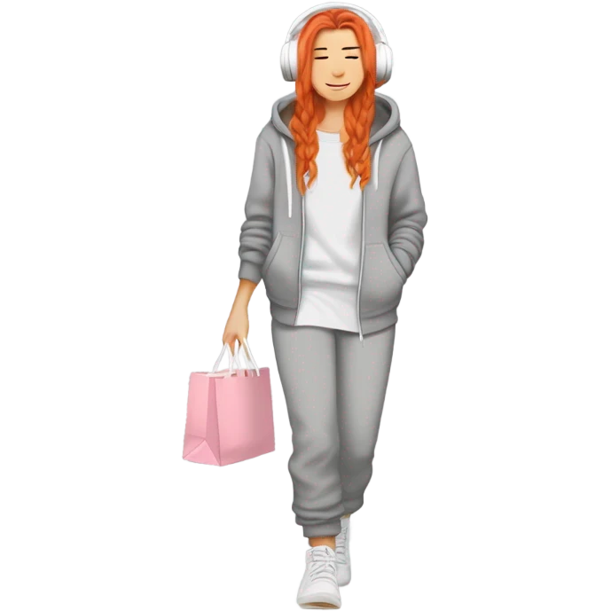 beautiful fair skin red orange long hair white girl light grey big sweatpants light grey big hoodie cozy Ugg shoes beautiful girly full body walking headphones side profile with a pink straw drink holding shopping bags sleepy cozy emoji
