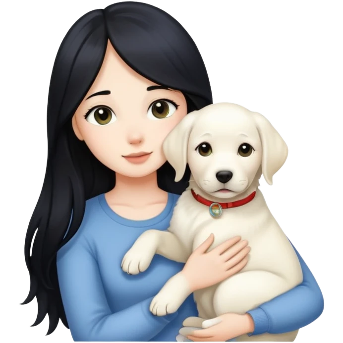 A beautiful girl with long black hair and fair skin is holding a white Labrador emoji