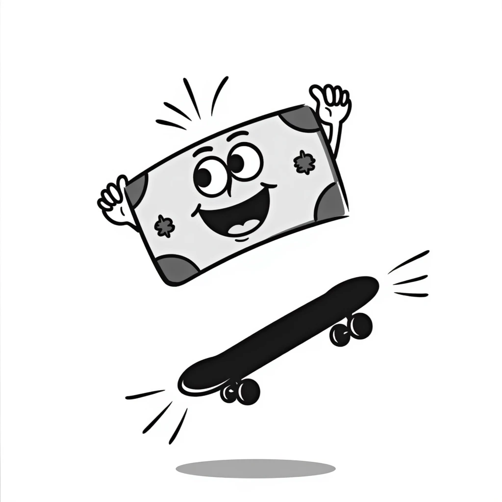 a hand drawn doodle of money riding a skateboard emoji