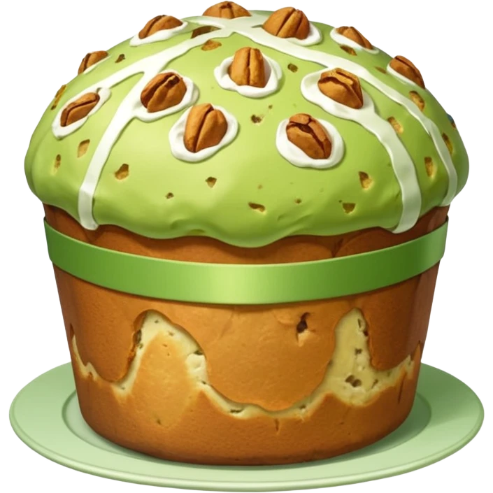 pistacchio panettone con glassa al pistacchio con la carta da panettone intorno in basso emoji
