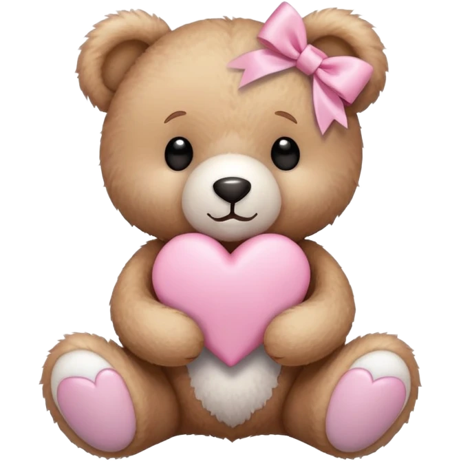 Teddy bear holding white heart with a pink ribbon around it emoji