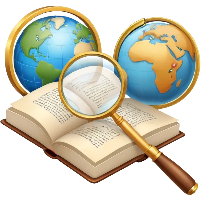 An icon featuring an open book, a speech bubble, and a magnifying glass, symbolizing philology and linguistics. The design includes language symbols, a globe, and alphabet letters, representing the study of languages and their structures. Transparent background  emoji