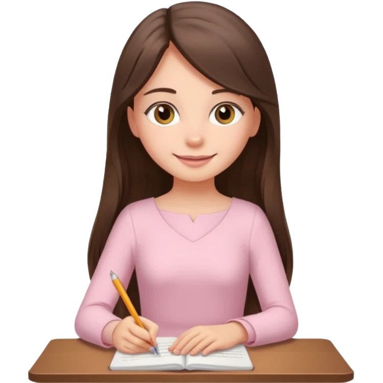 pretty smiling long brunette hair girl with hazel eyes wearing light pink dress writing emoji