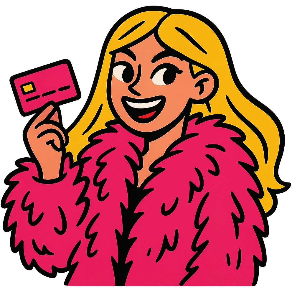 blonde girl with long hair, wearing a pink fur coat, holding a pink credit card, vibrant and expressive emoji