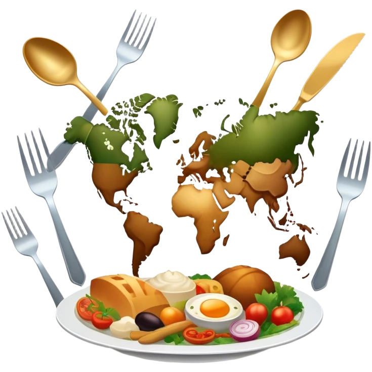 Icon for Culinary Tourism: a world map with food elements like a fork, knife, and dish, surrounded by iconic dishes from various countries. The icon should represent the exploration of global cuisines and travel experiences. Transparent background. emoji