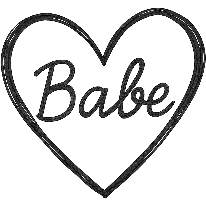 the word 'Babe' in white handwriting across a black heart, hand-drawn style, high contrast emoji