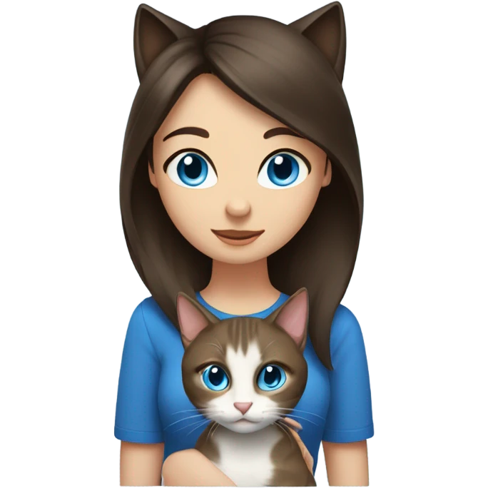 brunette with blue eyes clings to a cat emoji