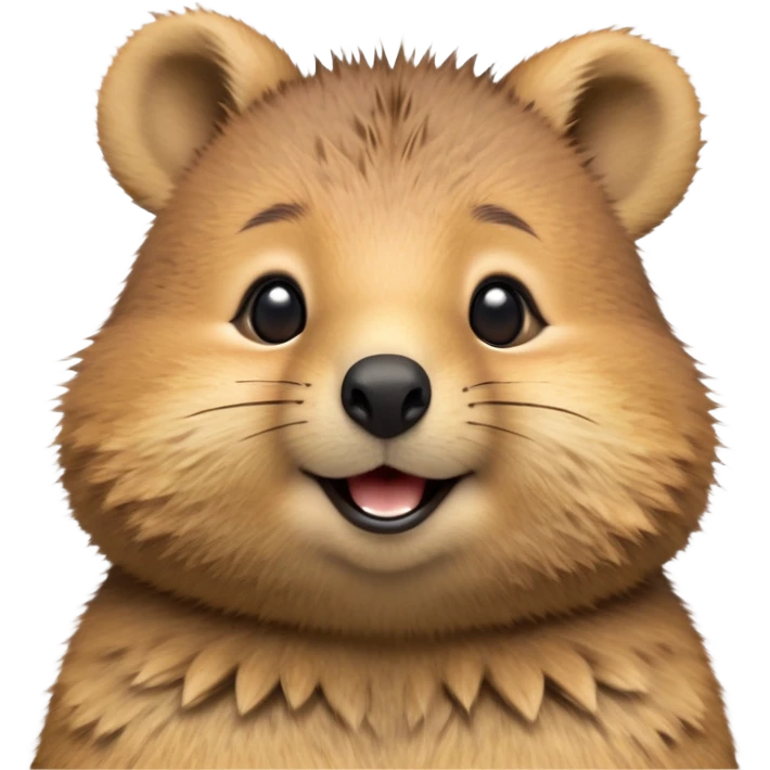 cinematic-realistic quokka-emoji,-small-round-frame, head tilted in an endearing manner, comical smile, round cheeks, giant-fluffy-cheeks-large-smile-fluffy-brown-fur-radiating-a-warm-softness,-big-round-eyes-filled-with-joy, realistic round  fluffy zoomed in, large black eyes one paw raised  emoji