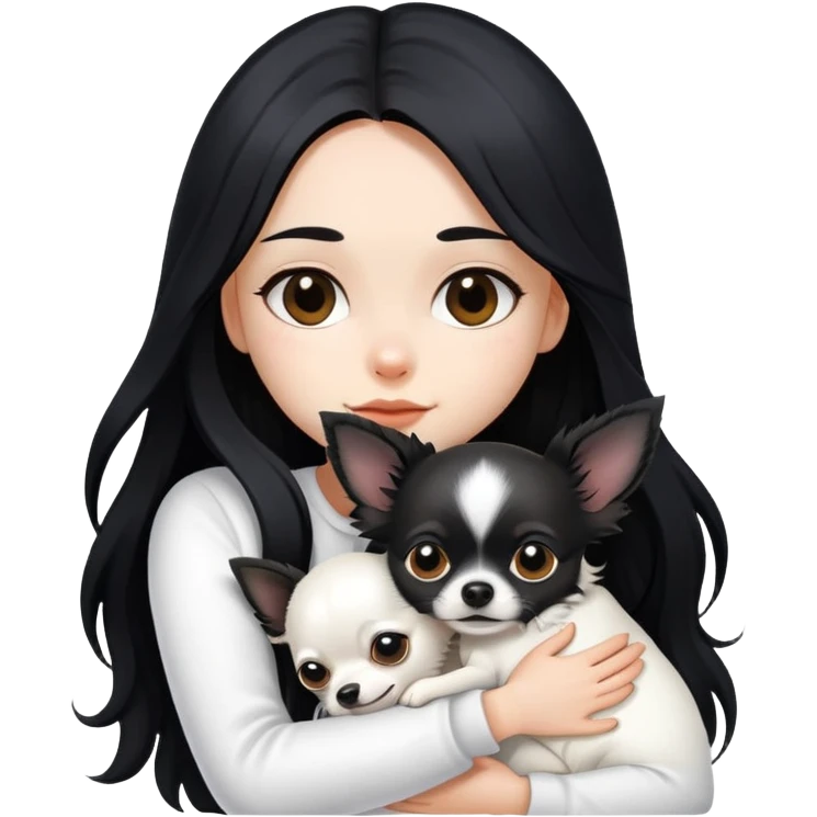 Fair skin girl - long black hair - white clothes - hugging a black long hair chihuahua emoji