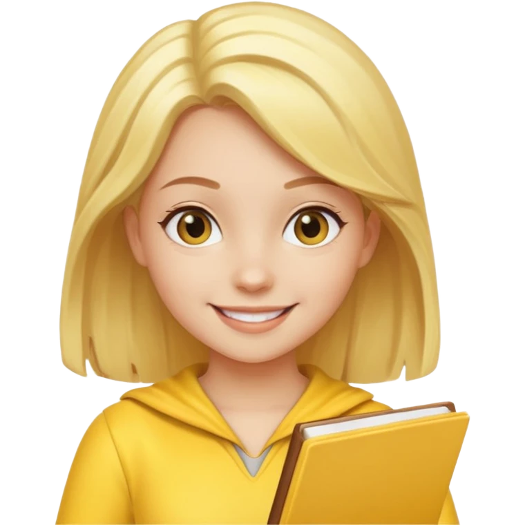 Девушка со светлыми волосами весёлая красивом костюме жёлтом сидит и планирует свое будущее  emoji