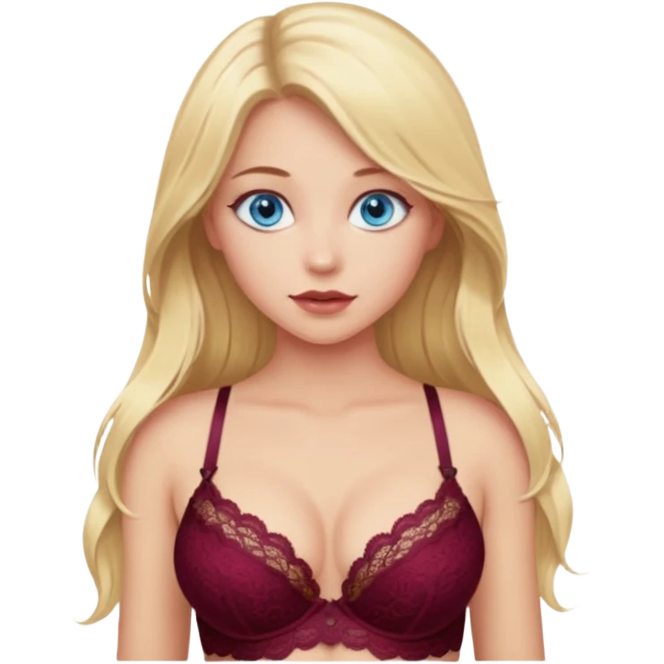 A beautiful blue-eyed girl, blonde with long hair, wearing a burgundy lace bra through which her breasts are visible emoji