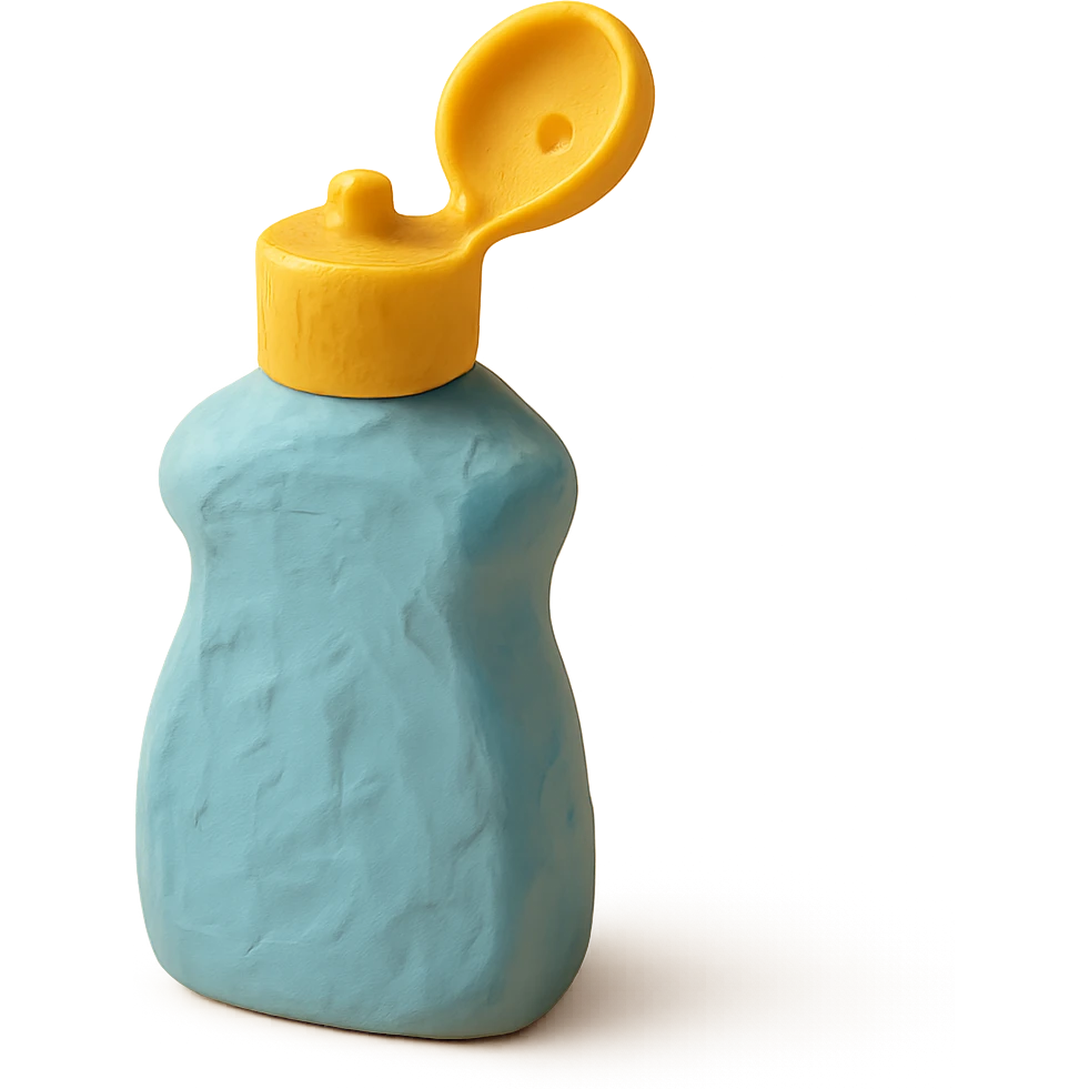 close-up of dish soap bottle in claymation style with cap open, soft lighting, pastel colors emoji