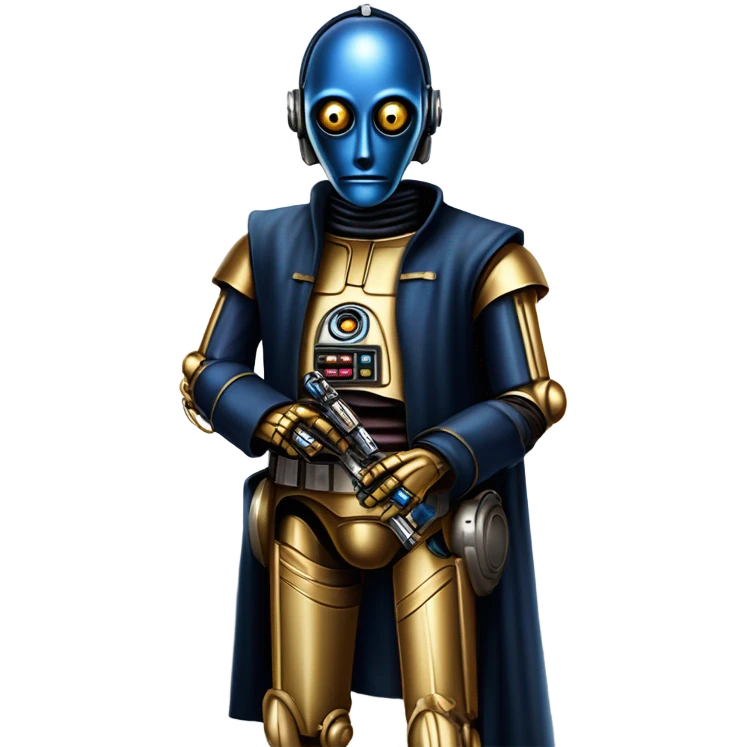 tough well-equipped jedi first order life-sized darkblue-pearl C3po as a friendly bounty hunter droid wearing a leather attire old west duster coat holding light saber ready  emoji