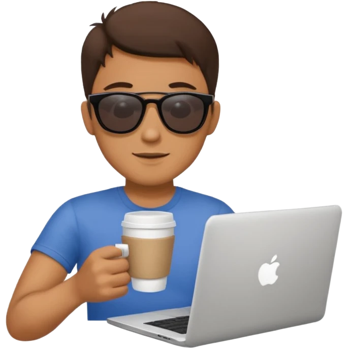 man wearing sunglasses holding a coffee cup and working on a laptop emoji