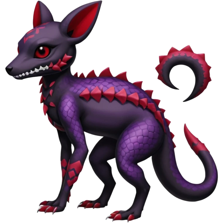 Gothic Black red purple Scaley Exotic Salandit-Umbreon-Noibat-Fakémon-hybrid-creature (full body), 4 legs, white skull face mask emoji