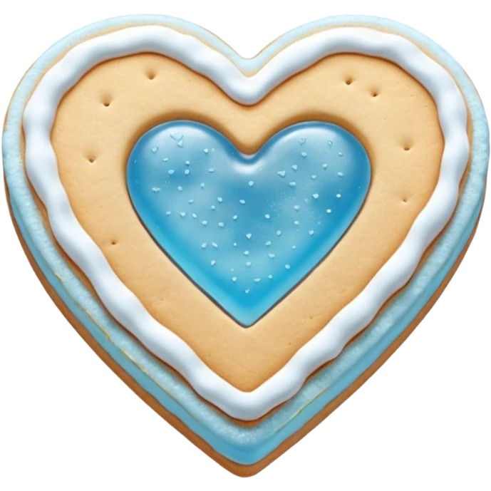 Realistic shortbread cookie in the shape of a heart with light blue jelly middle filling and sprinkled powder sugar on top. emoji