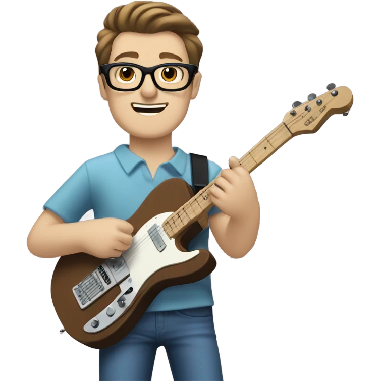 A nerdy white guy with glasses with short brown hair with a small quiff playing a blue classic telescaster emoji