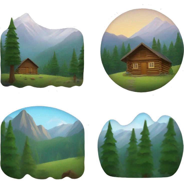 A forrest with a cabin and mountains emoji