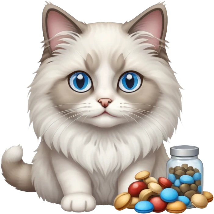 One ragdoll cat selling mushrooms pills for money emoji